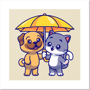 Cute Pug Dog And Cat Standing Under Umbrella Cartoon Posters and Art
